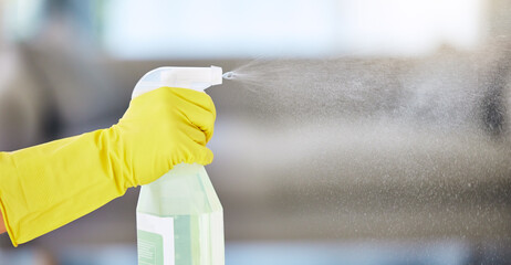 Canvas Print - Cleaning, housekeeping and hands with detergent from spray bottle for disinfection, bacteria and household safety. Spring cleaning, housework and maid with gloves spray cleaning products in air