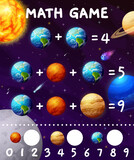 Fototapeta Kosmos - Math game. Cartoon space planets and stars. Children math game, mathematical playing activity or addition task puzzle vector worksheet with Solar system Earth, Mars and Jupiter, Neptune cartoon planet
