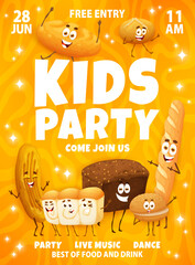 Wall Mural - Kids part flyer. Cartoon bakery, pastry and bread characters. Promotion leaflet, vector bakehouse flyer or poster with cunape, barbari and rye bread, shokupan and burger buns, baguette cute personages