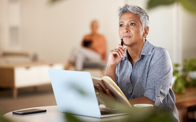 Aufkleber - Office, thinking and mature woman with idea for creative startup business or schedule planning in notebook at desk. Freelance worker, designer or writer, pen in hand working on ideas in modern office