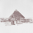 Camel near pyramids in hot desert of Egypt,  Camel rests near ruins pyramid of Egypt, Egypt, hand drawn illustration, sketch