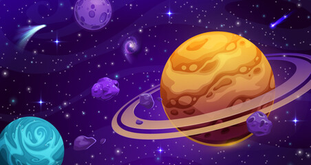 Poster - Cartoon galaxy space landscape. Vector cosmic background with Saturn, Moon and alien planets in purple galaxy with stars shine, meteorites and asteroids in sky. Extraterrestrial game scene, wallpaper