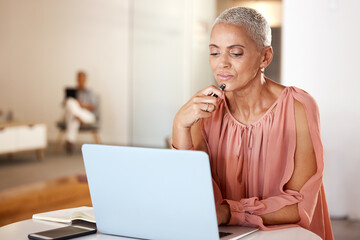 Poster - Thinking, laptop and senior woman in the office planning corporate project with research on the internet. Thoughtful, professional and elderly female employee working on company report with computer.