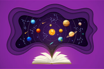 Wall Mural - Space paper cut with book, solar system planets and constellations. Vector paper cut art with open textbook, starry galaxt sky and zodiac. Astrology, astronomy science, horoscope predictions