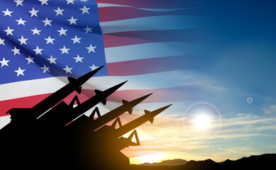 Strategic missiles concept with USA flag at the sky at sunset. Missile defense. EPS10 vector