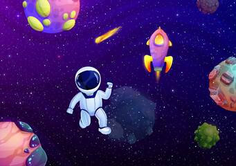 Poster - Cartoon astronaut in outer space. Fantastic alien planets backdrop or wallpaper, fantasy galaxy space travel vector background with astronaut character flying in weightlessness, starship and comet