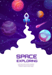 Poster - Landing page space, cartoon space rocket launch. Vector poster galaxy exploring themed with shuttle flying up among planets, asteroids and stars. Universe exploration, cosmic travel, astronomy science
