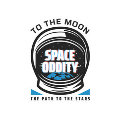 Poster - Space oddity icon, spaceman spacesuit and galaxy planet, vector spaceflight adventure. Mars space mission symbol with galactic stars and astronaut helmet, cosmos exploration badge