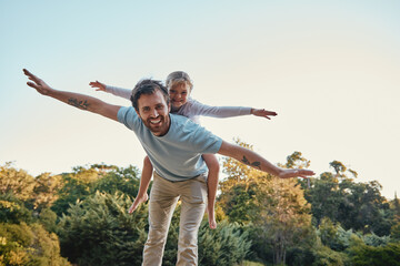 Canvas Print - Family, love and airplane game with girl and father in a forest for playing, fun and bonding in nature, happy and smile. Happy family, man and child enjoy fantasy game, freedom and laughing in park