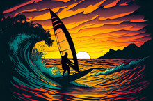 Windsurfing At Sunset. Silhouette Of Person On Windsurfing Board.