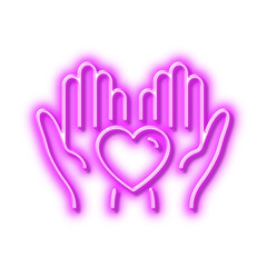 Wall Mural - Hold heart line icon. Friends love sign. Friendship hand. Neon light effect outline icon.