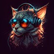 © Cheport - Cat wearing eyeglasses and headphones. Creative ai generated illustration in tattoo style. Generative art