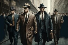 Generative Ai, Generative, Ai, Mobsters In Early Deys, On The Streets,  Mafia People In Suits, With Vintage Cars, Retro Vintage Look Scene Image, 1930, 1940, 1950