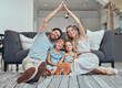 © Delcio F/peopleimages.com - Family home, portrait and roof hands with smile, parents and happiness by sofa in living room together. Young happy family, kids and floor with love, bonding and care on lounge carpet in Los Angeles