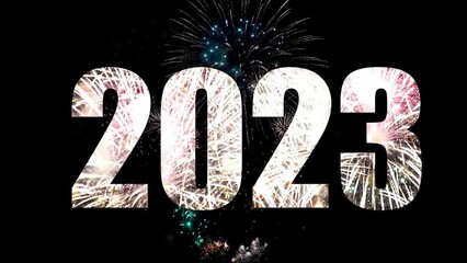 Wall Mural - Happy New Year 2023 seasonal background of fireworks illumination in midnight sky. Firework sparkler banner, 4K video
