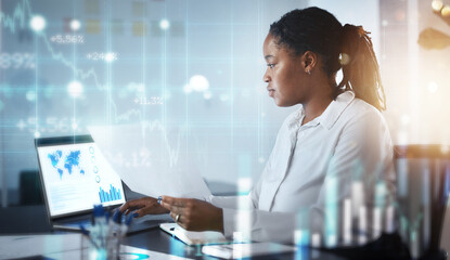 Aufkleber - Business woman, computer finance and fintech software and cloud computing for marketing strategy, networking or company growth research. Lens flare hologram overlay or stock market infographics