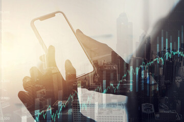 Poster - Phone, finance digital overlay and hands typing, social media or messaging with mockup. Graphs, city double exposure or person with mobile smartphone for stock market, trading or financial investment