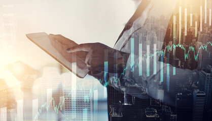 Aufkleber - Tablet, overlay or hands trading on stock market or typing a data analysis strategy for financial investment growth. Charts, hologram or trader working online on a global digital ai forex website