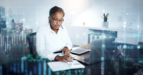 Aufkleber - Woman vision, finance overlay and stock market with notebook, planning or calculator for future profit. Crypto, fintech expert and blockchain for investment, innovation or 3d holographic for analysis