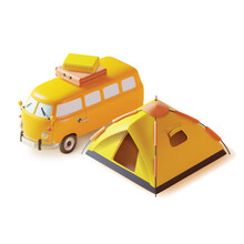 3d Camping Concept Elements Plasticine Cartoon Style Include Of Camp Marquee And Yellow Camper Van. Vector Illustration