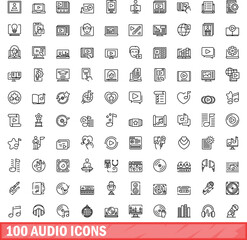 Poster - 100 audio icons set. Outline illustration of 100 audio icons vector set isolated on white background