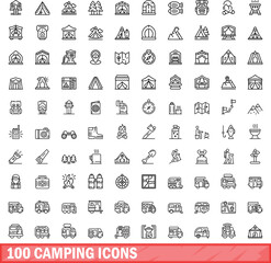 Sticker - 100 camping icons set. Outline illustration of 100 camping icons vector set isolated on white background