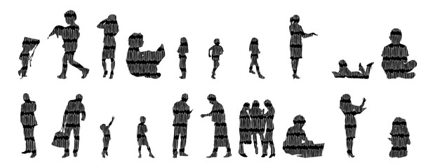 Vector illustration, Outline silhouettes of people, Contour drawing, people silhouette, Icon Set Isolated , Silhouette of sitting people, Architectural set	
