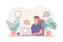 Young Man At Laptop, Home Office, Training, Communication And Ordering Goods Online, Remote Work At Computer. Vector Illustration In Flat Style