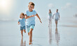 © Delcio F/peopleimages.com - Kids, running and beach with a family on holiday or summer vacation together outdoor in nature. Children, travel and tourism with a brother and sister racing on the sand by the sea or ocean