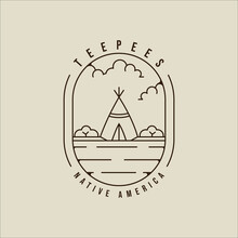 Teepees Line Art Logo Vector Illustration Template Icon Graphic Design. Traditional Indian Camp Sign Or Symbol For Adventure And Wanderlust With Badge Emblem And Typography Concept