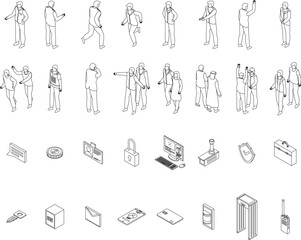 Poster - Personal guard icons set. Isometric set of personal guard vector icons outline on white thin line collection