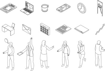 Poster - Office manager icons set. Isometric set of office manager vector icons outline on white thin line collection