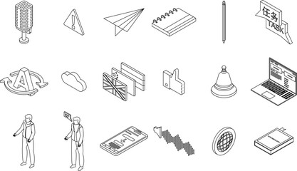 Poster - Translator icons set. Isometric set of translator vector icons outline on white thin line collection