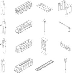 Poster - Electric train driver icons set. Isometric set of electric train driver vector icons outline on white thin line collection