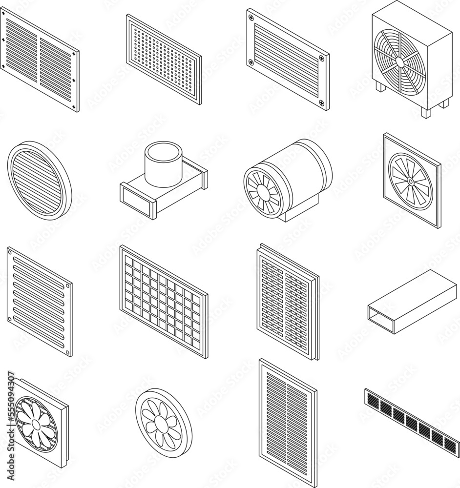 Ventilation icons set. Isometric set of ventilation vector icons ...
