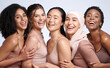 © N F/peopleimages.com - Portrait, beauty and diversity with woman friends in studio on a gray background together for inclusion. Happy, smile and solidarity with a model female group posing to promote real equality