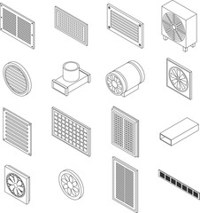 Poster - Ventilation icons set. Isometric set of ventilation vector icons outline on white thin line collection