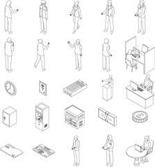 Poster - Bank teller icons set. Isometric set of bank teller vector icons outline on white thin line collection