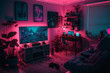 untidy youth teenager room with red light, generative ai