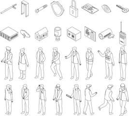 Poster - Security service icons set. Isometric set of security service vector icons outline on white thin line collection