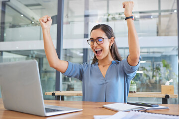 Canvas Print - Win, success and business woman with a laptop for trading, good news and happy email in the office. Stock market goal, excited celebration and employee reading achievement on pc with a smile