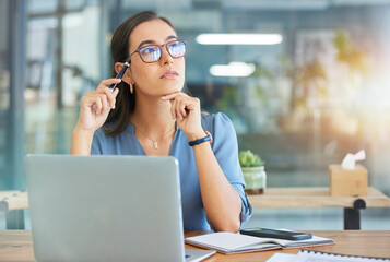 Poster - Business woman, thinking and office with laptop, concentration and sales growth. Ceo, female entrepreneur and administrator with idea for advertising campaign, strategy and planning for project goal.
