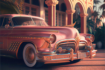 luxury pink and gold retro vintage car on the streets of miami, made with generative ai