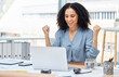 © Jordan C/peopleimages.com - Business woman, laptop and winner in celebration for good news, deal or discount at the office. Happy black woman with smile in happiness for winning, achievement or work promotion at the workplace