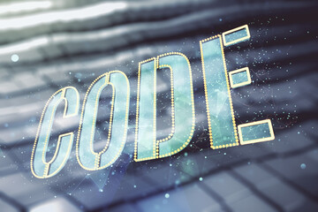 Aufkleber - Code word hologram on abstract metal background, international software development concept. Multiexposure