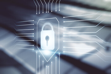 Aufkleber - Virtual creative lock sketch with chip hologram on shiny metal background, protection of personal data concept. Multiexposure