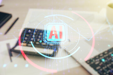Poster - Double exposure of creative artificial Intelligence abbreviation hologram on calculator and pc background. Future technology and AI concept