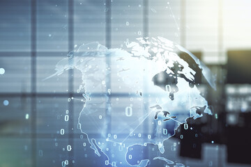 Poster - Multi exposure of abstract software development hologram and world map on a modern meeting room background, global research and analytics concept