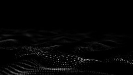 Poster - Wave of digital particles on a black background. Abstract interlacing lines and points. Digital connection of elements. Simulation of the movement of small particles. 3D rendering.