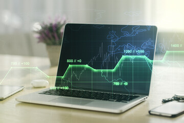 Fototapete - Multi exposure of abstract graphic data spreadsheet sketch on modern computer background, analytics and analysis concept